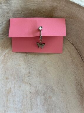 Silver color Butterfly faux Belly Ring with Clear Gem clip on fake